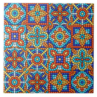 Navy Blue Teal White Red Marble Moroccan Mosaic  Tile