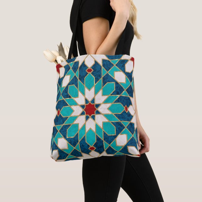 Navy Blue Teal White Red Marble Moroccan Mosaic Tote Bag (Close Up)