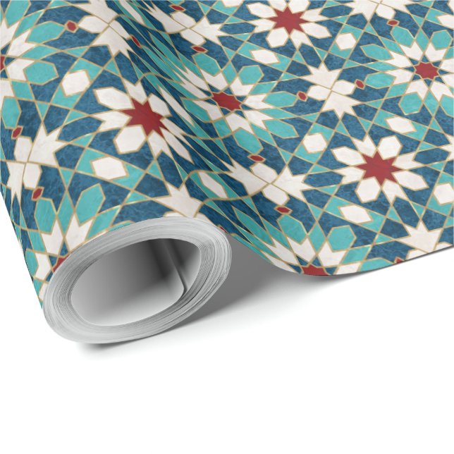 Navy Blue Teal White Red Marble Moroccan Mosaic  Wrapping Paper (Roll Corner)
