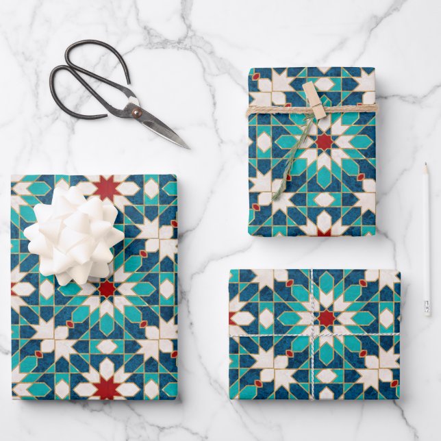 Navy Blue Teal White Red Marble Moroccan Mosaic   Wrapping Paper Sheet (Front)