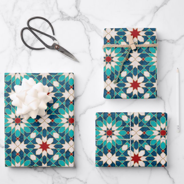 Navy Blue Teal White Red Marble Moroccan Mosaic  Wrapping Paper Sheet (Front)