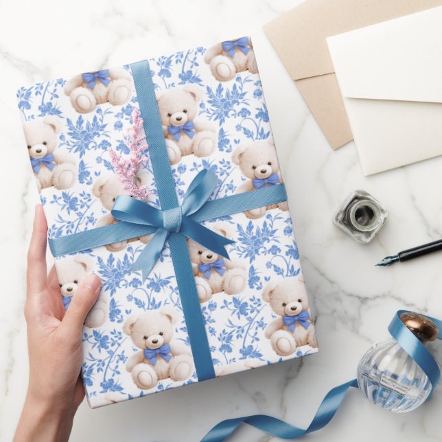 Navy blue teddy bear baby shower wrapping paper (Gifting)