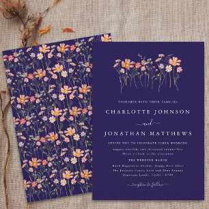 Navy Blue Terracotta Boho Fall Wildflower Wedding  Invitation
