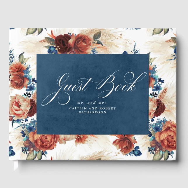 Navy Blue Terracotta Boho Floral Wedding Guest Book (Front)