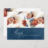 Navy Blue Terracotta Floral Boho Wedding RSVP