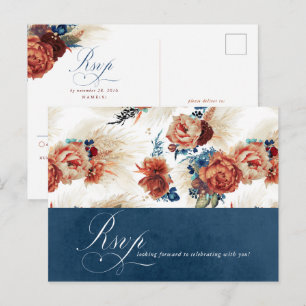 Navy Blue Terracotta Floral Boho Wedding RSVP Postcard