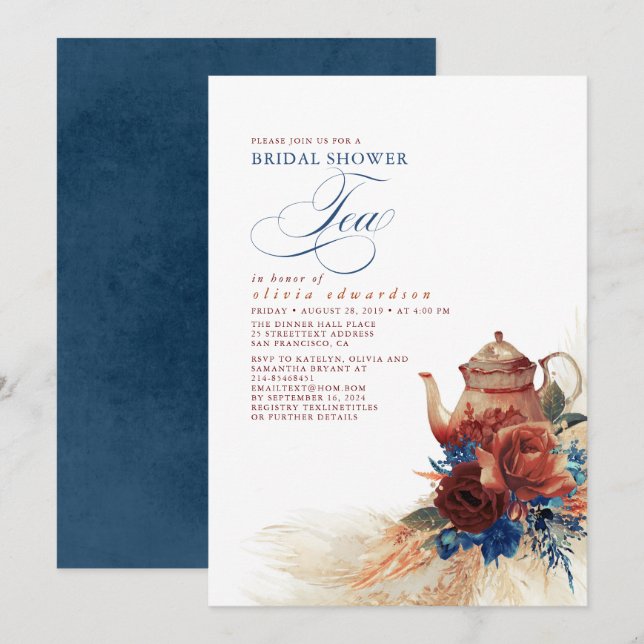 Navy Blue Terracotta Floral Bridal Shower Tea Invitation (Front/Back)