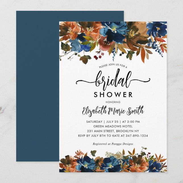 Navy Blue Terracotta Floral Fall Bridal Shower Invitation (Front/Back)