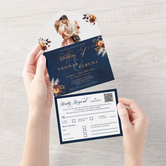 Navy Blue Terracotta QR Code All in One Wedding  Invitation (Tearaway)