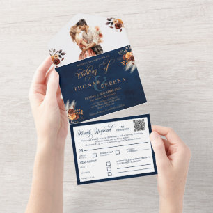 Navy Blue Terracotta QR Code All in One Wedding Invitation