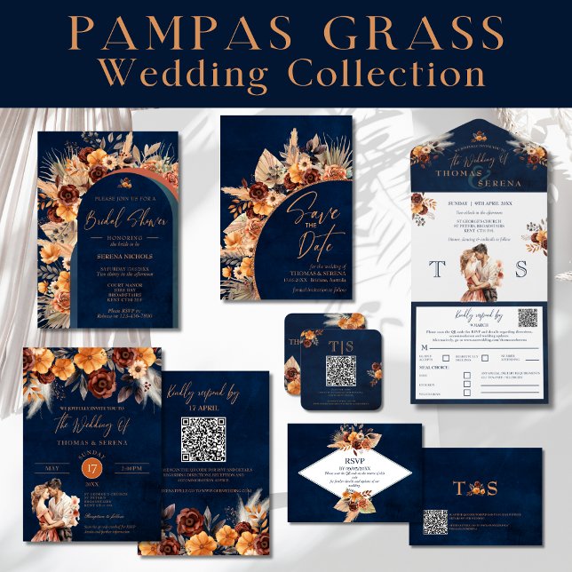 Navy Blue & Terracotta QR Code Save The Date Invitation (Creator Uploaded)