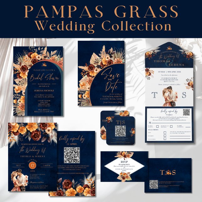 Navy Blue & Terracotta QR Code Save The Date Invitation (Creator Uploaded)