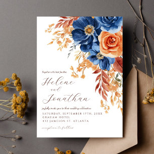 Navy Blue Terracotta Rust Rustic Elegant Wedding Invitation