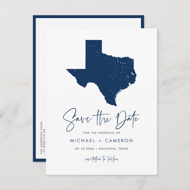Navy Blue Texas State Map QR Code Save the Date Announcement Postcard (Front/Back)