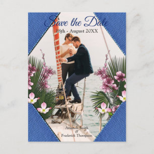 Navy - Blue Textured & Pink Flowers Save the Dates Announcement Postcard