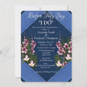 Navy - Blue Textured & Pink Flowers Wedding Shower Invitation