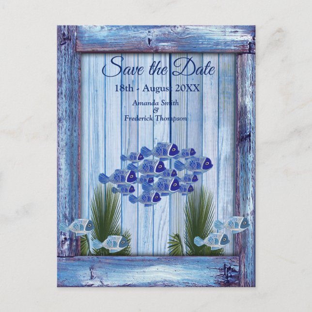 Navy - Blue Textured underwate fish Save the Dates Announcement Postcard (Front)