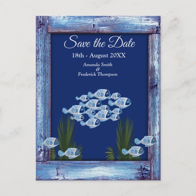Navy - Blue Textured underwater Save the Dates Announcement Postcard (Front)