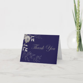 Navy Blue Thank You Card Silver Flowers 