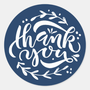 Navy Blue Thank You Modern Calligraphy Wreath Classic Round Sticker