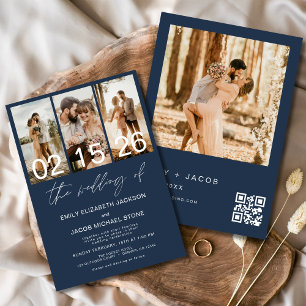 Navy Blue The Wedding of Photo QR code Elegant Invitation