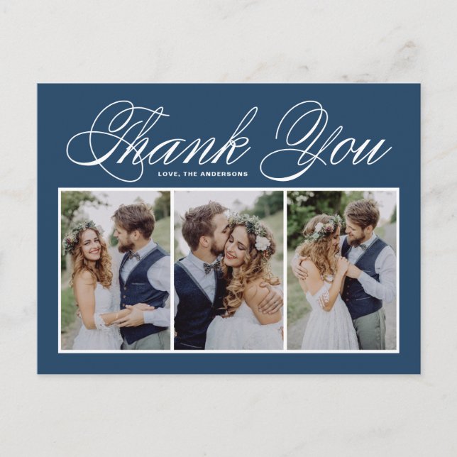 Navy Blue Three Photo Collage Wedding Thank You Postcard (Front)