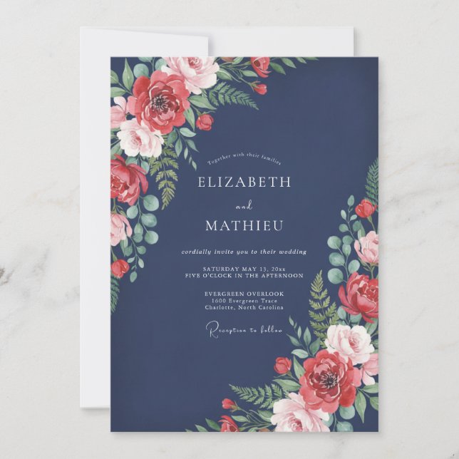 Navy Blue Timeless Floral Wedding Invitation (Front)