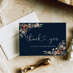 Navy Blue Tiny Wildflower Bridal Shower Flat Thank You Card