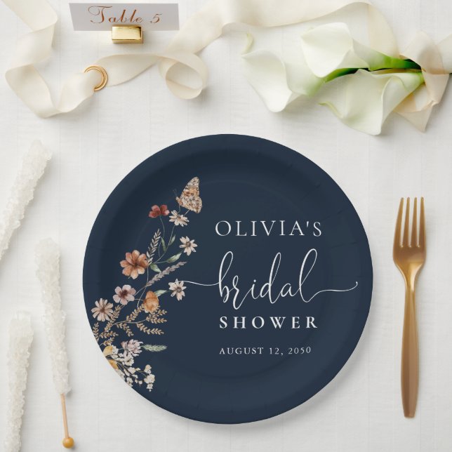 Navy Blue Tiny Wildflower Bridal Shower  Paper Plate (Wedding)