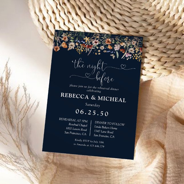Navy Blue Tiny Wildflower Rehearsal Dinner  Invitation (Creator Uploaded)