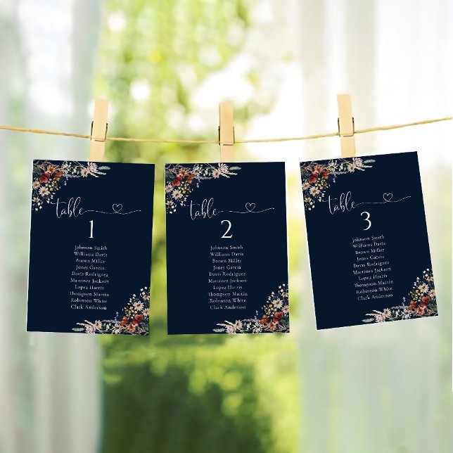 Navy Blue Tiny Wildflower Table Seating Chart Card (Creator Uploaded)