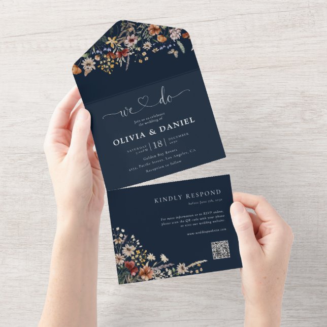 Navy Blue Tiny Wildflower Wedding All In One Invitation (Tearaway)