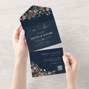 Navy Blue Tiny Wildflower Wedding All In One Invitation
