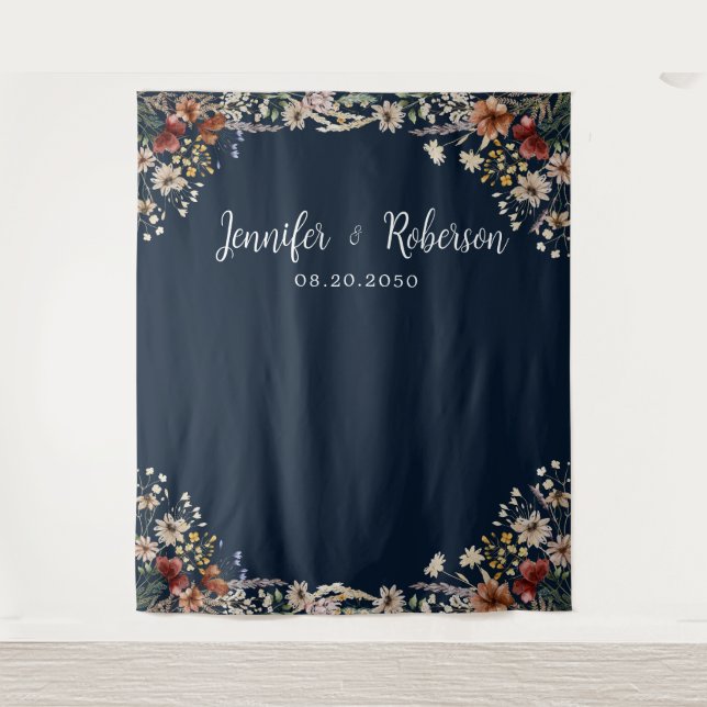 Navy Blue Tiny Wildflower Wedding Backdrops Tapestry (Front)