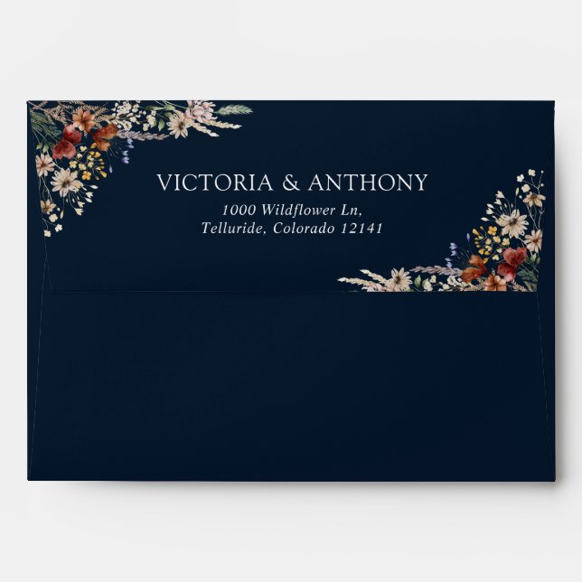 Navy Blue Tiny Wildflower Wedding Ceremony Envelope (Back (Top Flap))
