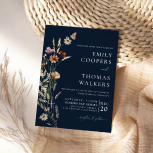 Navy Blue Tiny Wildflower Wedding Ceremony Invitation