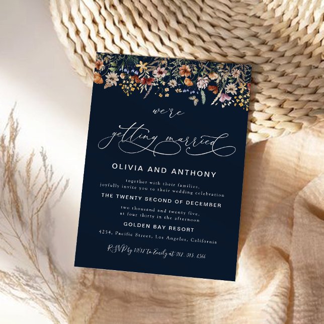 Navy Blue Tiny Wildflower Wedding Ceremony Invitation (Creator Uploaded)