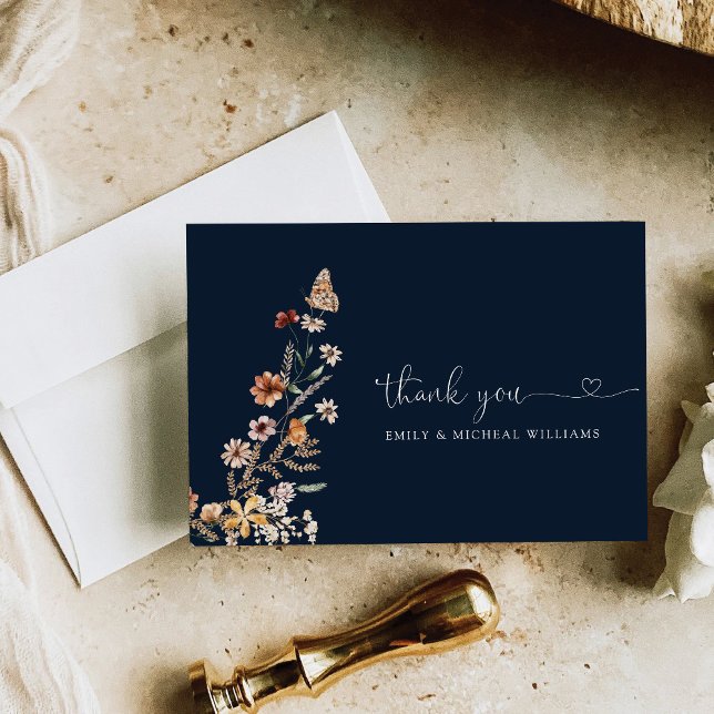 Navy Blue Tiny Wildflower Wedding Flat  Thank You Card (Creator Uploaded)