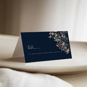 Navy Blue Tiny Wildflower Wedding Folded  Place Card