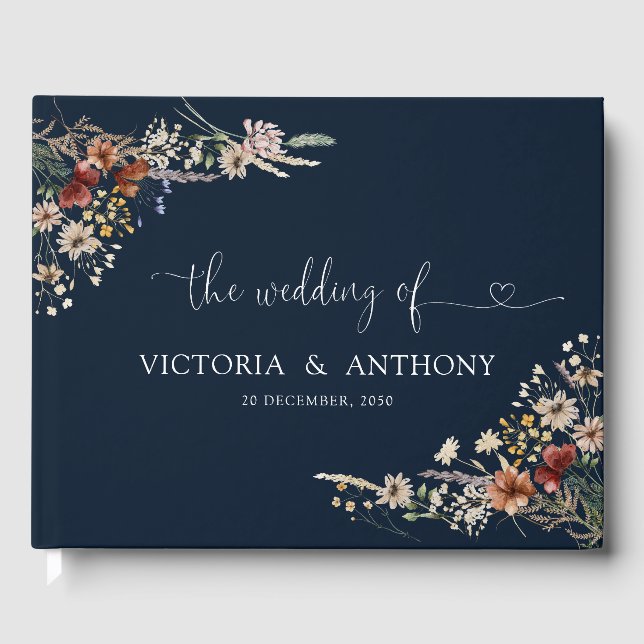 Navy Blue Tiny Wildflower Wedding Guest Book (Front)