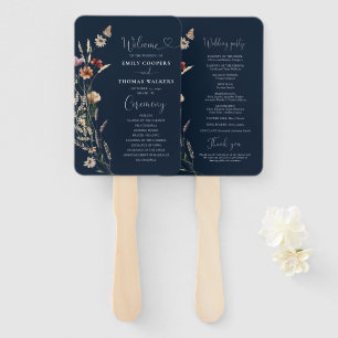 Navy Blue Tiny Wildflower Wedding Program Hand Fan