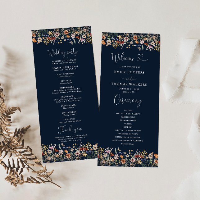 Navy Blue Tiny Wildflower Wedding Program Programme (Creator Uploaded)