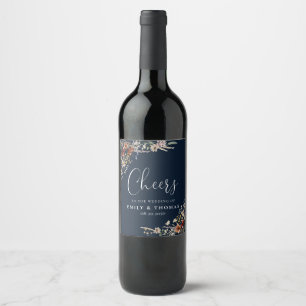Navy Blue Tiny Wildflower Wedding Wine Label