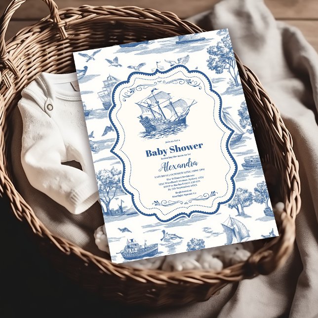 Navy Blue Toile Nautical Baby Shower Invitation (Creator Uploaded)