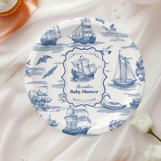 Navy Blue  Toile Nautical Baby Shower Paper Plate (Creator Uploaded)