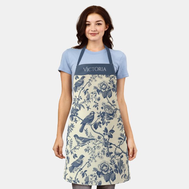 Navy Blue Toile Personalised Shabby Chic Apron (Worn)