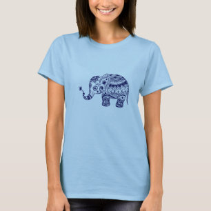 Navy Blue Tones Cute Flower Elephant T-Shirt