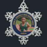 Navy Blue Track & Field Photo High School Runner Snowflake Pewter Christmas Ornament<br><div class="desc">This cool customized high school track team athlete photo gift features gold typography of your team on a snowflake shaped Christmas ornament with a running track on a navy blue background. Personalize with your student's photograph and class year as a proud runner parent.</div>
