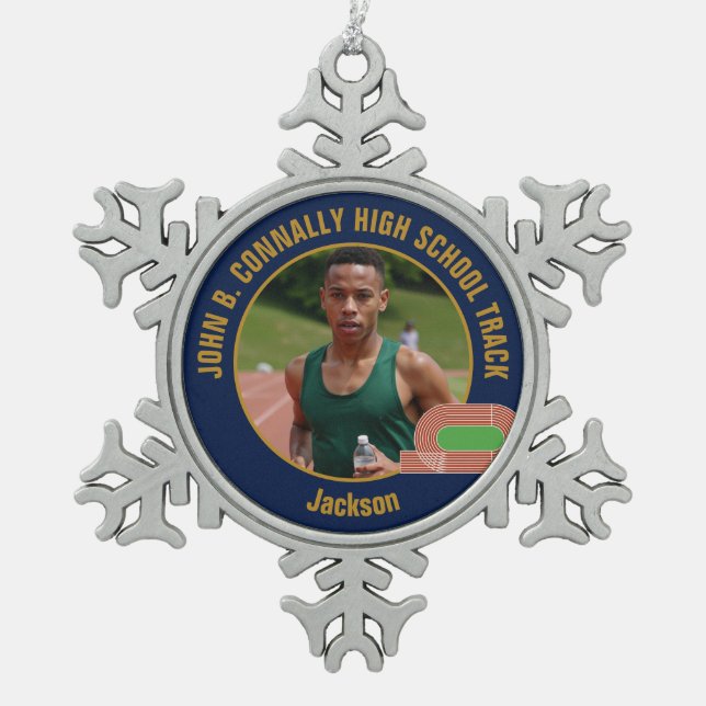 Navy Blue Track & Field Photo High School Runner Snowflake Pewter Christmas Ornament (Front)