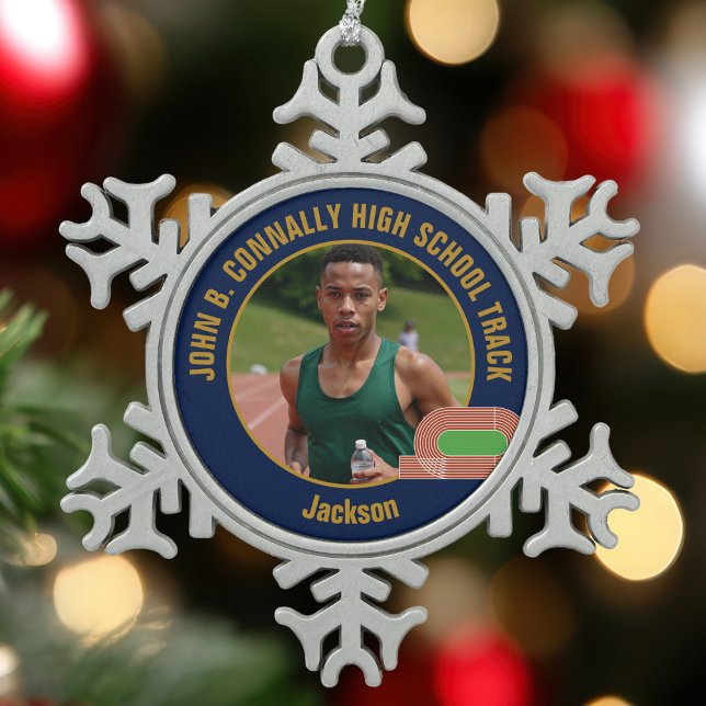 Navy Blue Track & Field Photo High School Runner Snowflake Pewter Christmas Ornament (Creator Uploaded)